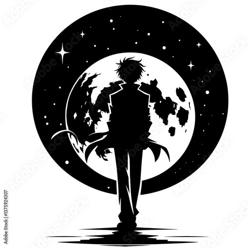 Anime boy walking under moonlight silhouette