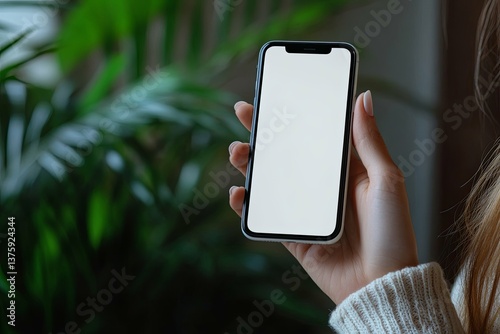 A hand holding a mobile phone with a blank screen