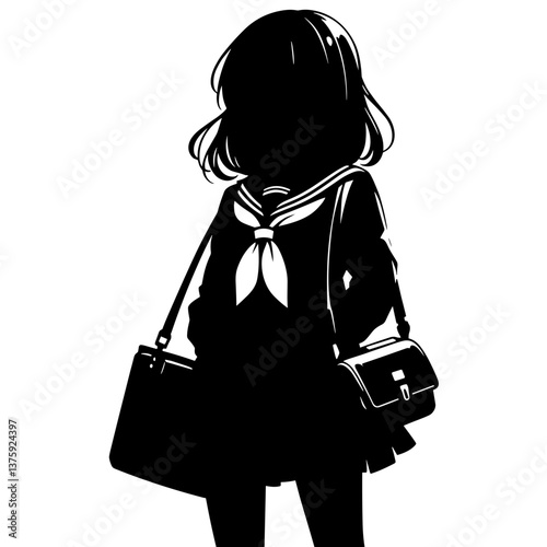 Anime schoolgirl standing with bag silhouette
