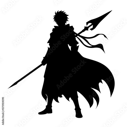Anime warrior holding spear silhouette with cape