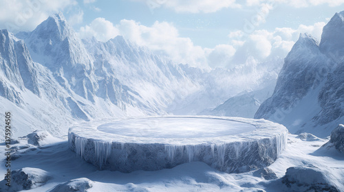 A large, icy podium with snow piling up around it, set in the middle of a snowy mountain range