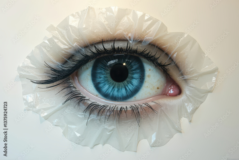 Realistic surrealism: blue eye on crumpled plastic