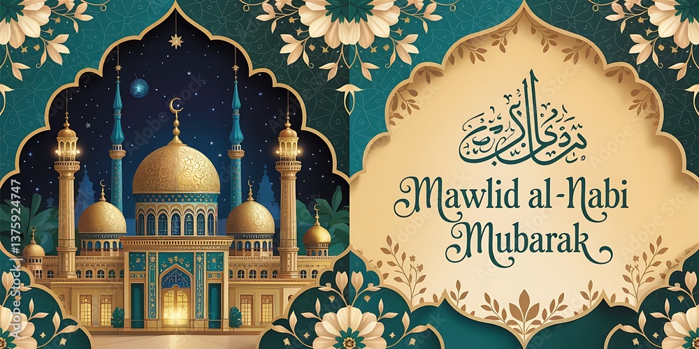 Fototapeta premium Luxurious Mawlid al-Nabi Celebration Design Featuring Grand Golden Mosque Arabic Calligraphy Islamic Lanterns Ornamental Floral Patterns. Starry Night Background for Religious Events Festive Greetings
