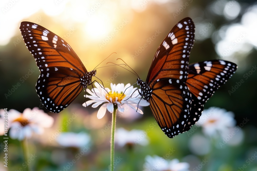 Fototapeta premium Two butterflies elegantly dance on flowers under the mesmerizing golden glow of sunset, creating a captivating moment that embodies beauty and nature’s delicate touch.