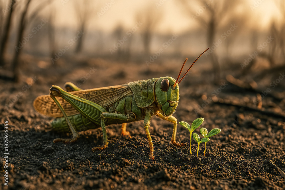 Closeup of a locust on dry soil with small sprouting plants in a parched landscape Closeup of a locust on dry soil with small sprouting plants in a parched landscape