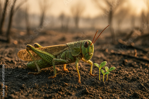 Closeup of a locust on dry soil with small sprouting plants in a parched landscape