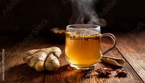 Spiced Ginger & Honey Elixir – A steaming cup of ginger tea in a transparent glass mug, with thin slices of ginger floating inside, a drizzle of honey, and a few cloves on a dark wooden surface.