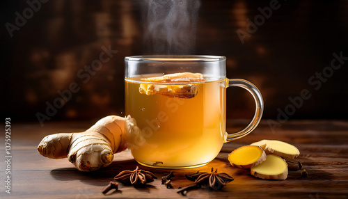 Spiced Ginger & Honey Elixir – A steaming cup of ginger tea in a transparent glass mug, with thin slices of ginger floating inside, a drizzle of honey, and a few cloves on a dark wooden surface.