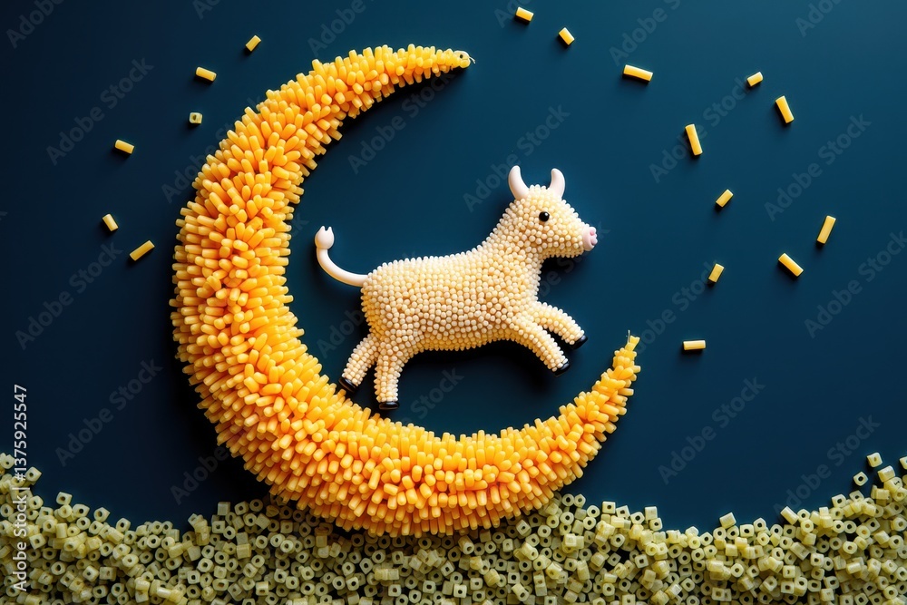 Cow made of pasta on crescent moon: creative food art