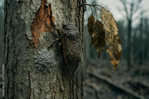 Closeup of a cicada on tree bark with discolored leaves and a bioengineered lichen in a damaged forest