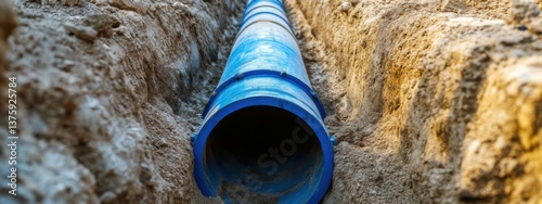 Installation of a blue drainage pipe in a freshly dug trench at a construction site during daylight hours