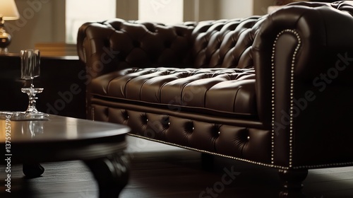Elegant chesterfield sofa in a traditional living room, dark wood flooring, warm lighting.