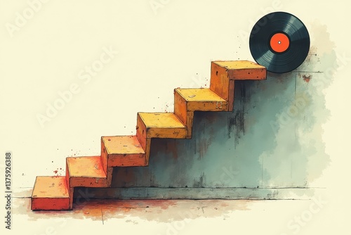 Abstract staircase with retro vinyl in muted tones