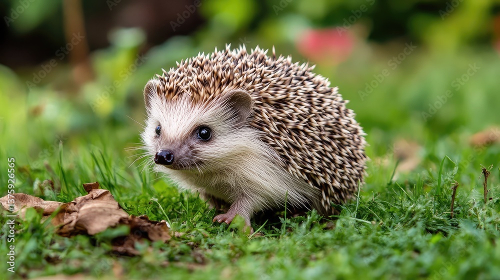 Fototapeta premium Green suburban yard with a hedgehog slowly walking through the grass, tiny paws visible.