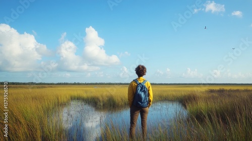 Lone explorer absorbing the expansive vista of a serene wetland landscape