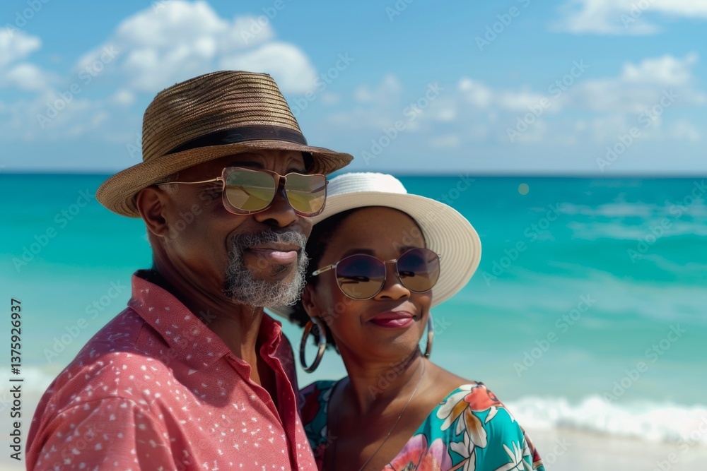 Middle aged African American couple on summer vacation on a beach Middle aged African American couple on summer vacation on a beach