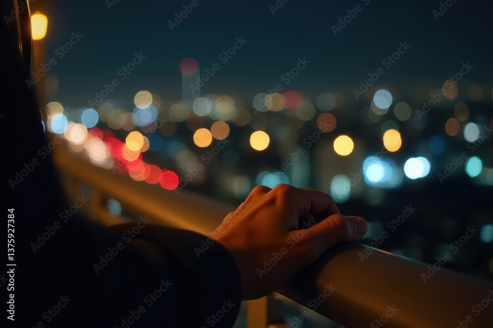 City night view with hand on railing in focus