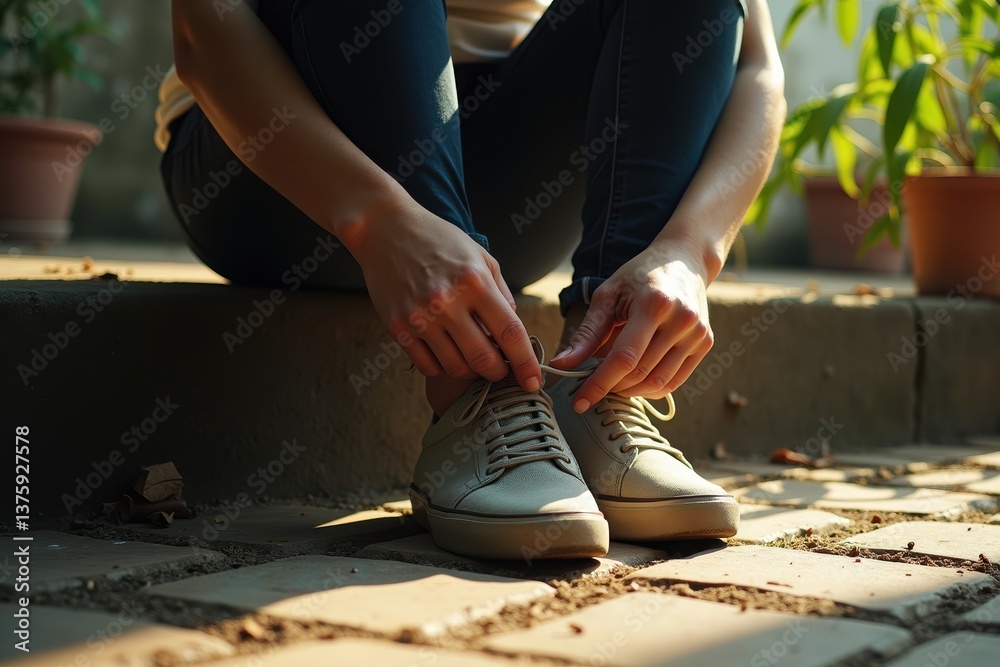 Tying shoelaces on casual sneakers in sunlight on warm day