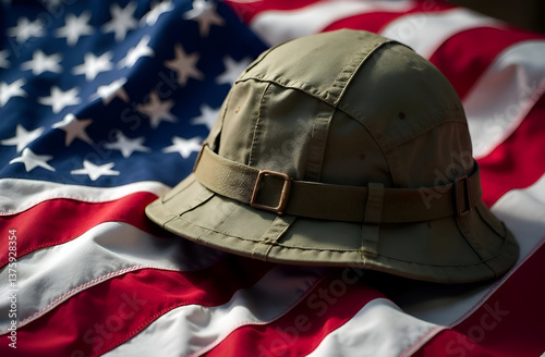 U.S. military panama lies on the American flag, side view, Memorial Day