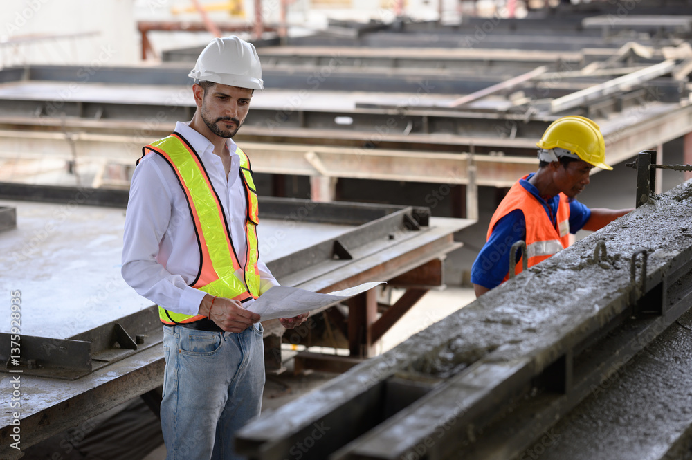 Engininspecting the work that technicians are doing by pouring cement for building components and houses. Engininspecting the work that technicians are doing by pouring cement for building components and houses.