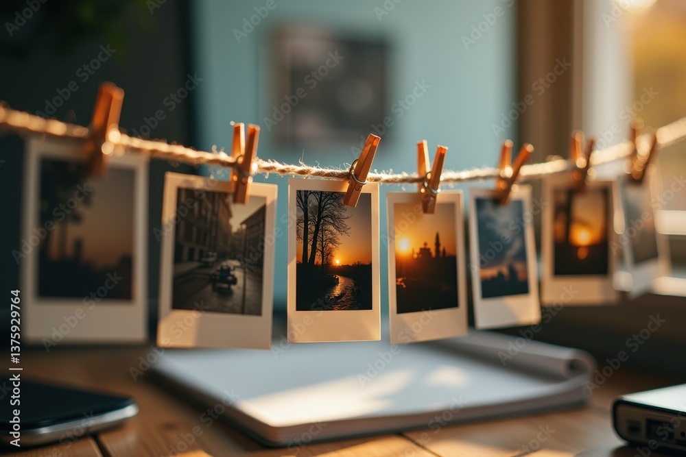Photos hanging on string with sunset theme