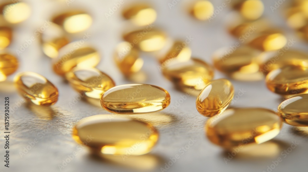 Golden soft gel capsules scattered on a surface highlighting their glossy appearance and nutritional value Golden soft gel capsules scattered on a surface highlighting their glossy appearance and nutritional value