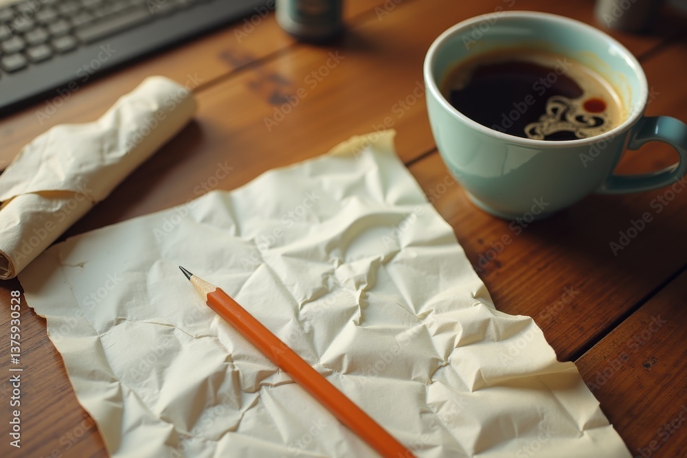 Crumpled paper pencil on wooden desk with coffee