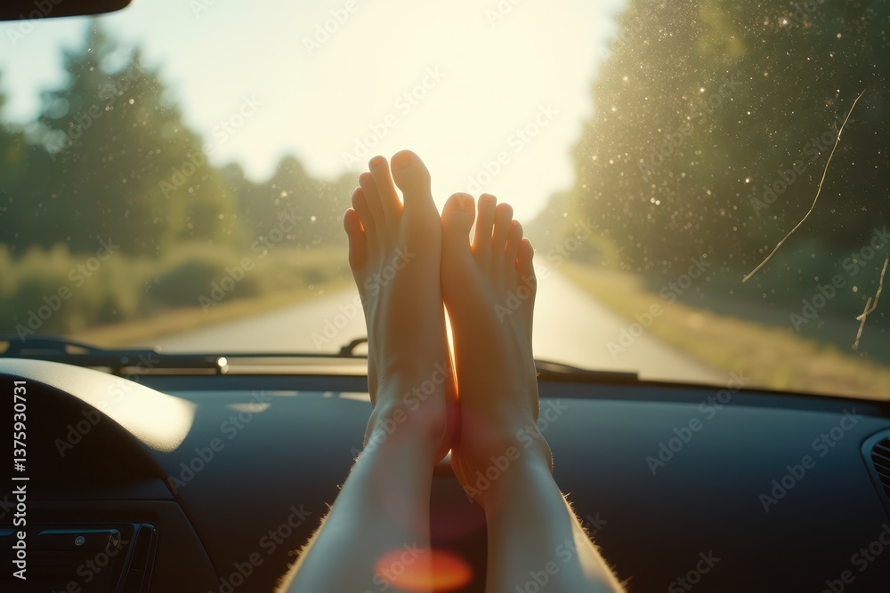 Relaxing drive sunlit countryside road