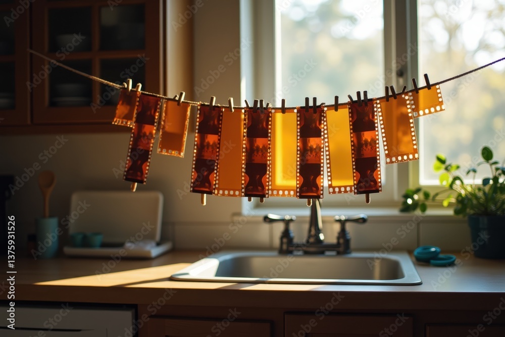Film negatives drying in sunlit kitchen