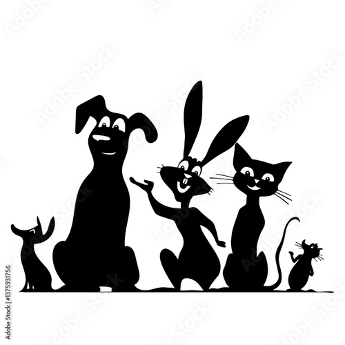 Silhouettes of cartoon funny pets, dog, cat, rabbit, rat. Vector monochrome sketch in flat comic style 