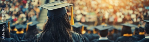 A graduate stands proud, surrounded by fellow graduates at a commencement ceremony.