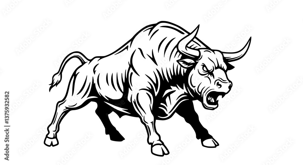 Fototapeta premium Aggressive bull charging forward, black and white, with sharp horns, isolated