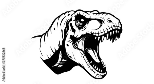 Frightening Tyrannosaurus Rex head with open jaw, black and white, prehistoric predator, isolated