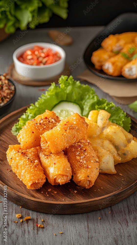 Crispy Fried Spring Rolls and Fish Cakes Delicious Asian Snack Food