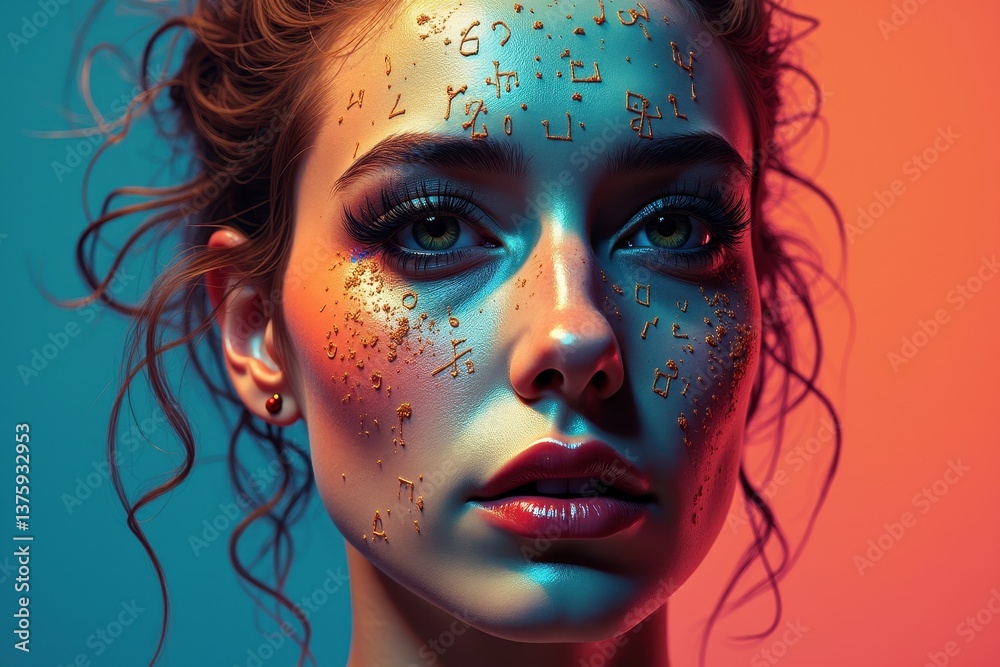 Surreal portrait with artistic face makeup colorful lighting