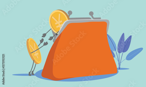 Wallet with money, gold yen coins. Vector icon yuan, finance, money storage
