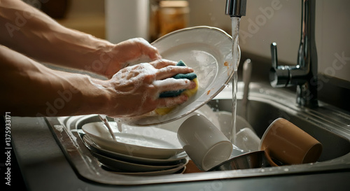 Close-up of a man's hands washing dishes in a sink, with soap suds and water droplets, showcasing the detailed motion of the task
