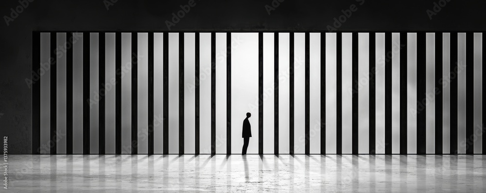 A solitary figure stands in a stark, minimalist environment, evoking introspection. A solitary figure stands in a stark, minimalist environment, evoking introspection.