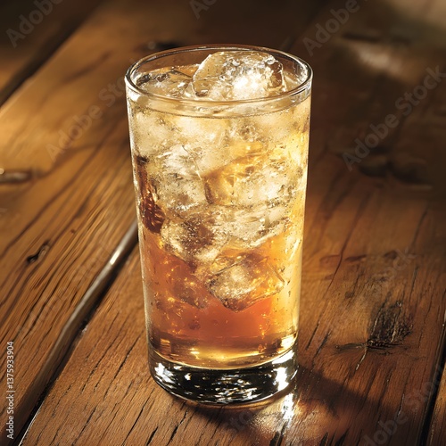 Refreshing Iced Golden Drink in Glass on Wood