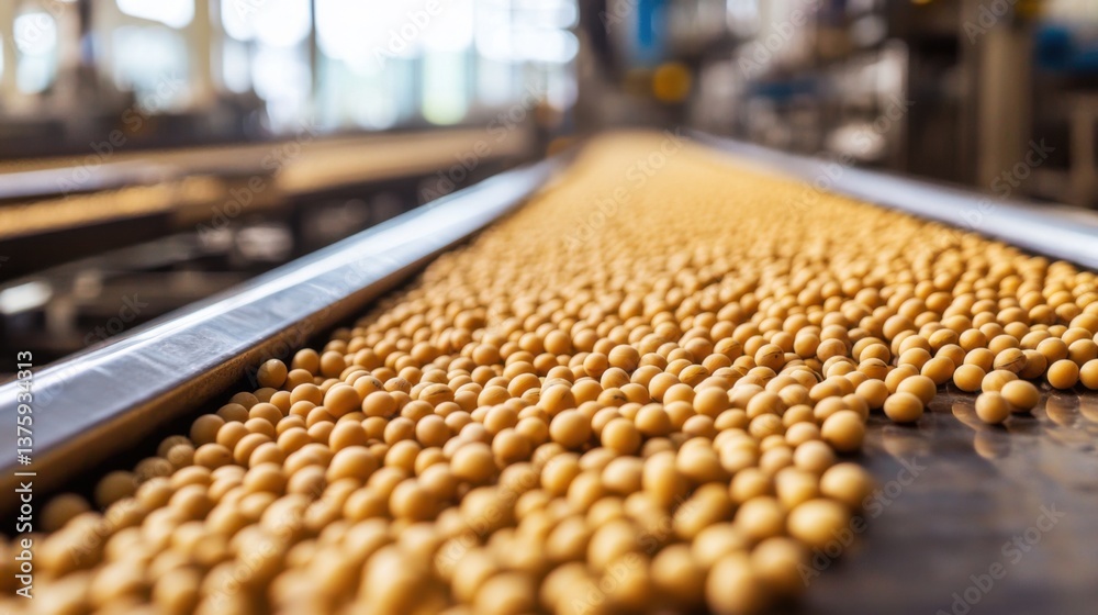 Soybeans being processed on a conveyor belt in a large industrial facility during daytime operations Soybeans being processed on a conveyor belt in a large industrial facility during daytime operations