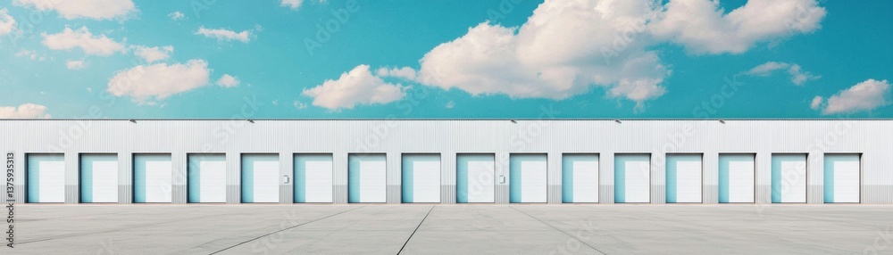 A minimalist industrial building with multiple doors under a clear blue sky. A minimalist industrial building with multiple doors under a clear blue sky.