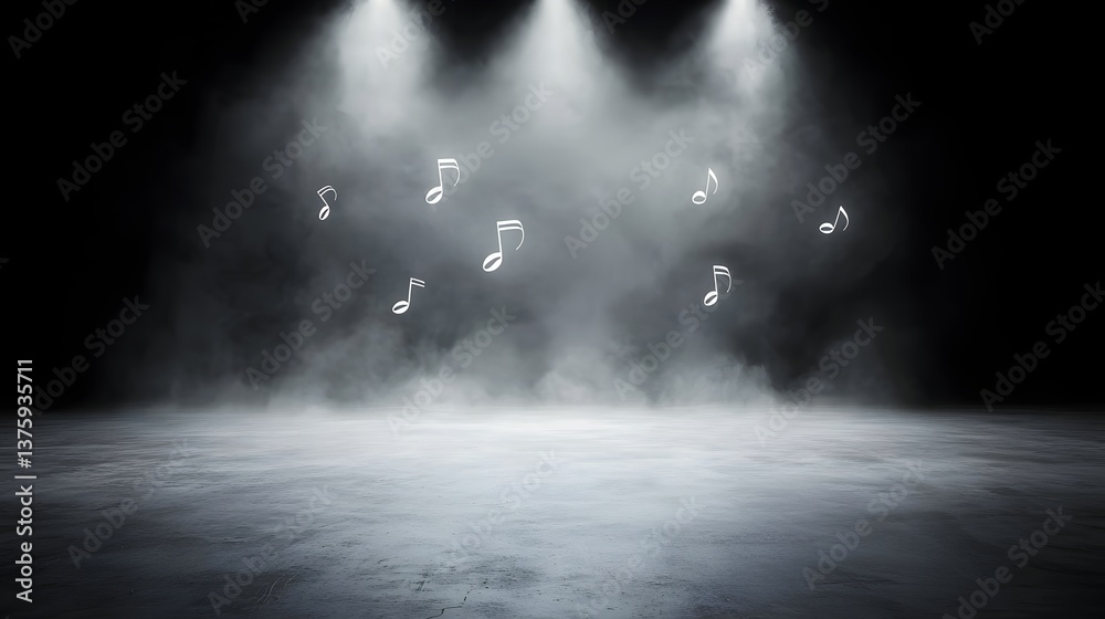 Ethereal Scene with Floating Music Notes and Dramatic Stage Lighting Effects Ethereal Scene with Floating Music Notes and Dramatic Stage Lighting Effects