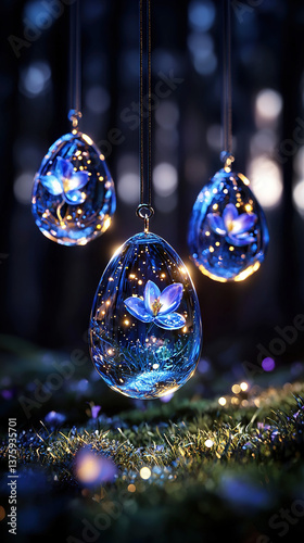 Glass Easter eggs with iridescent finishes suspended over twilight forest with bioluminescent flowers, fantasy 3D scene
