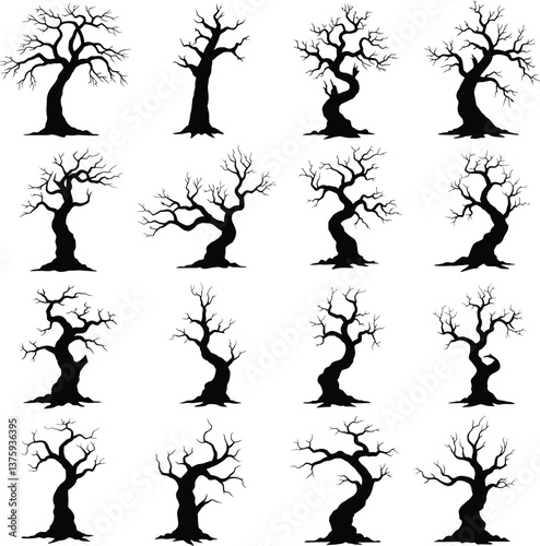 Collection of spooky bare trees silhouettes with white background