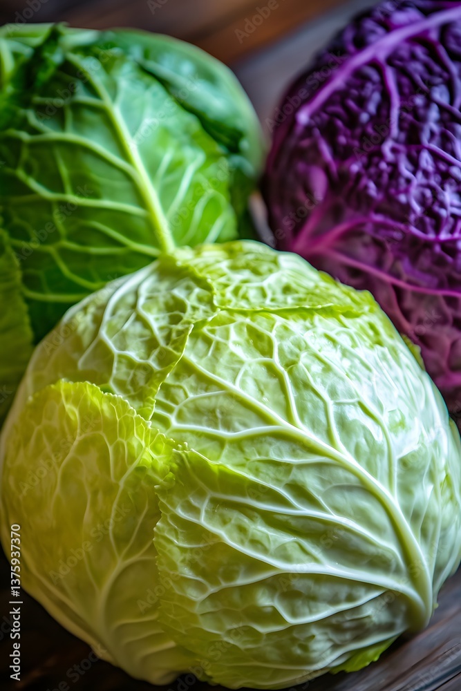Fototapeta premium Fresh Green and Red Cabbages Closeup Still Life