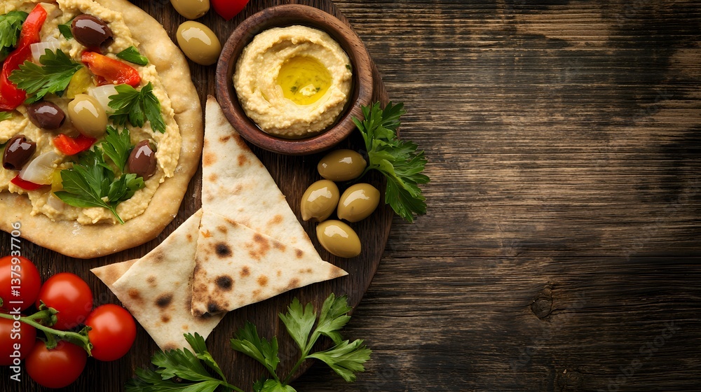 Fresh Mediterranean Cuisine with Hummus, Flatbread, and Colorful Vegetables on Wood Fresh Mediterranean Cuisine with Hummus, Flatbread, and Colorful Vegetables on Wood