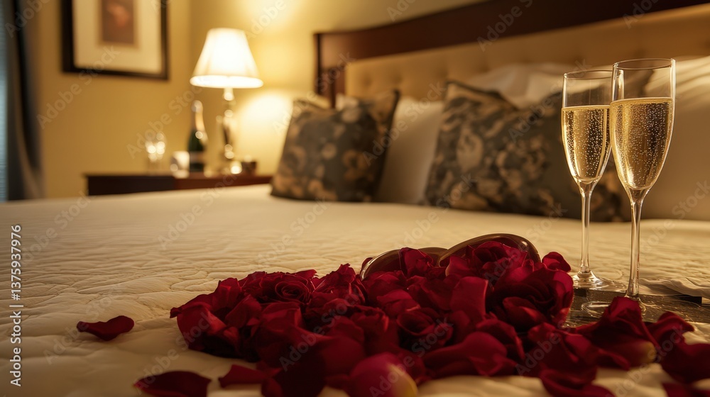 Champagne glasses rest on a bed with red rose petals scattered around