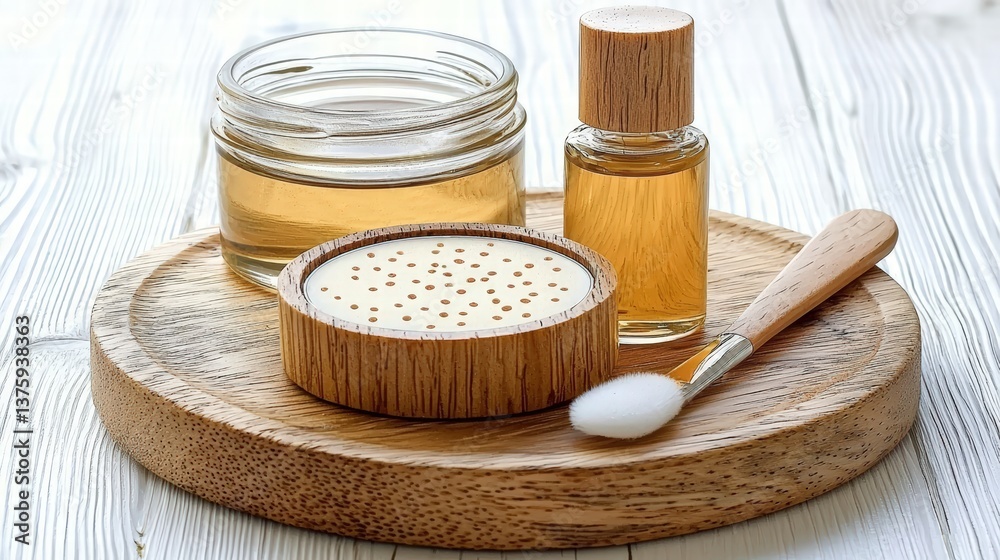 Fototapeta premium Rustic presentation of a jar of honey with a wooden spoon on a charming wooden tray
