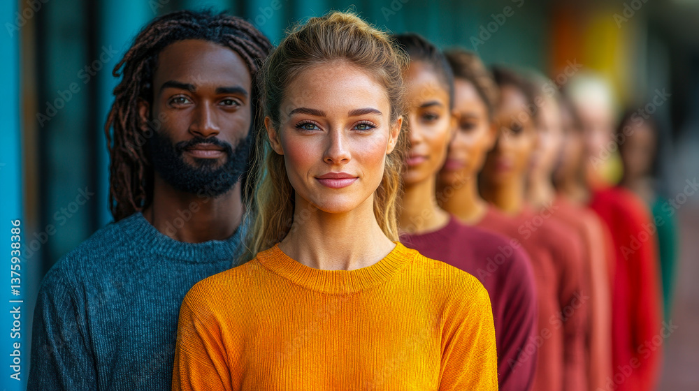 Fototapeta premium Diverse Group of Business Professionals Standing in Line Showing Inclusion and Leadership in Modern Workplace Setting