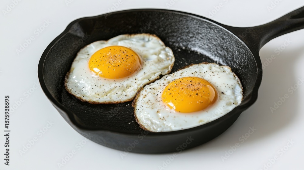 Cooked eggs in a cast iron skillet on a white surface ready to be served for breakfast Cooked eggs in a cast iron skillet on a white surface ready to be served for breakfast